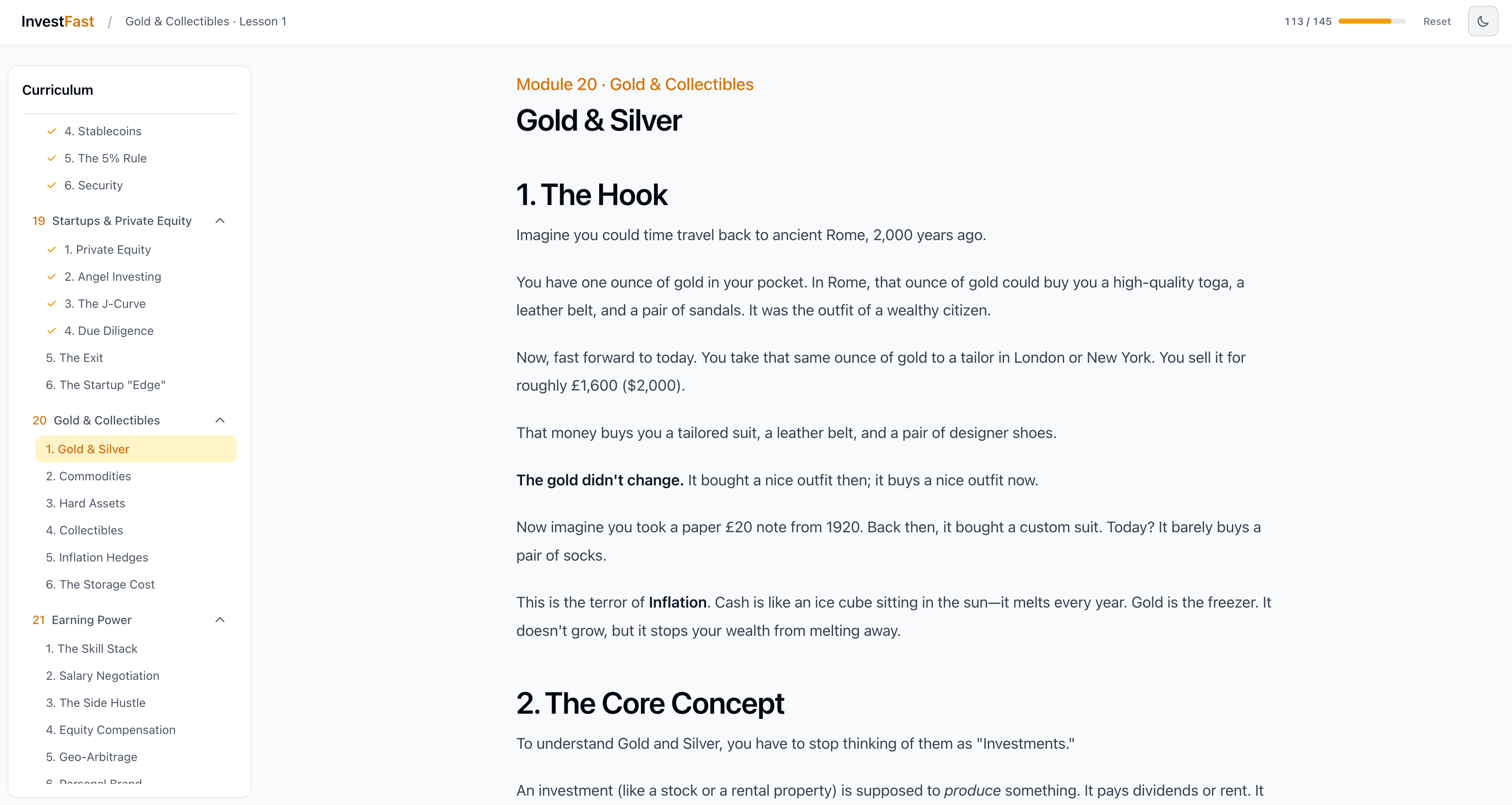 Preview of an InvestFast lesson—clean layout with sidebar and main content.